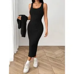 【新品未着用】リブニット カーディガン ロングワンピース ノースリーブワンピース