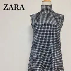 ザラ オフィス対応モックネックノースリーブツイードAラインフレアワンピース M