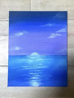 幻想的な海の風景画 朝日 オイルパステル画原画 ハガキサイズ 絵画