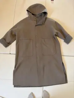 フード付きチェック柄ロングコート