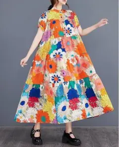 大きいサイズ レディース ロング　ワンピース　花柄　春夏 秋 新品 半袖n6