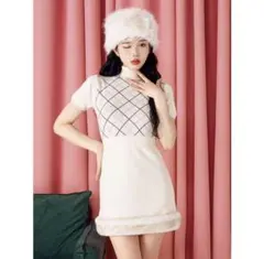 Darich チェックファーニットミニワンピース フリーサイズ アイボリー FL