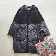 美品 ラベンハム 中綿 キルティングコート 切替 ノーカラー 黒 ゆったりめ