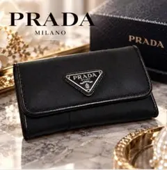 PRADA プラダ 6連キーケース 三角ロゴ ナイロン レザー 黒