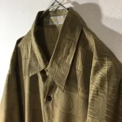 【個性派古着】長袖総柄デザインシャツ　エキゾチック　個性的な柄　幾何学模様　L