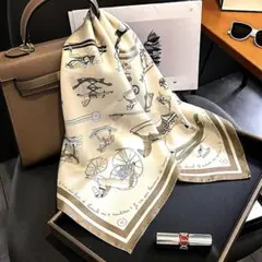 馬柄 ホース シルク100% スカーフ 大判 ベージュ ブラウン 上品 高級感