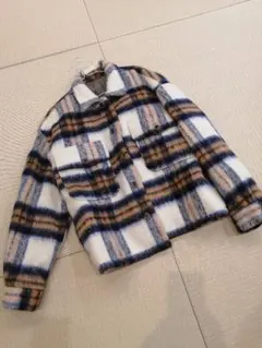 Ｌサイズ アイボリーxオレンジ系のチェック柄シャギージャケット
