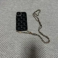 iPhoneケース キルティング チェーン付き ブラック