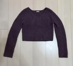 パープル Vネック リブ編み ニット