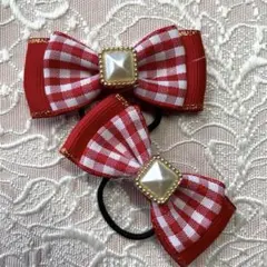 赤と白ギンガムチェックヘアゴム 2個セット