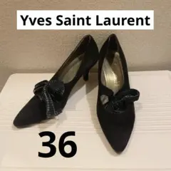 サンローラン リボン付き ブラック スエード ハイヒール 36 パンプス