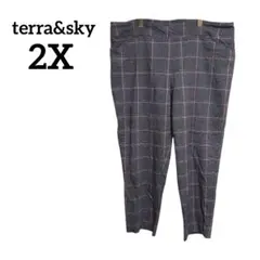 terra&sky【2X】 グレンチェック柄カジュアルパンツ　ピンクグレー