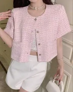 韓国 ピンクツイード風 ショートジャケット