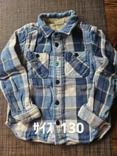 130cm 青と白のチェック柄長袖シャツ