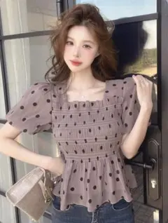 SHEIN★DAZY☆水玉柄半袖★L☆ペプラム★パフスリーブ☆シャーリング