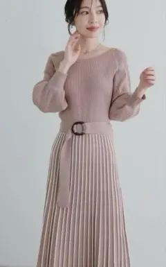 natural couture　配色ニットプリーツワンピー ス