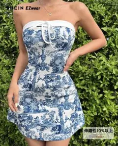 SHEIN EZwear ボタニカルプリント ノースリーブミニワンピース