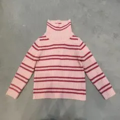 ピンク×レッド ボーダー タートルネックセーター