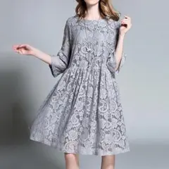 【紺色】大きいサイズ ワンピース　レース　ギャザー　レディース 春夏　 新品