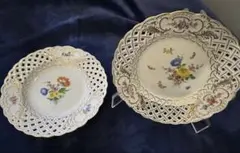 マイセンMeissen フラワー金彩プレート メッシュ透かしレース花柄 21cm