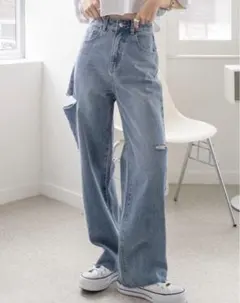 シーイン　SHEIN デニム　ジーパン　ストレート　ワイド　ダメージ　太もも　L