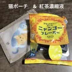 カルディ　猫ポーチ　KALDI 猫イラスト メッシュポーチ　紅茶飲料