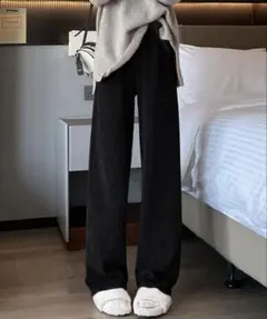 裏起毛　ゆったりワイドシルエット　ケーブル編み風リラックスイージーパンツ