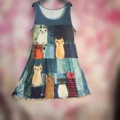 新品更にOFF♥猫パッチワーク風プリントノースリーブチュニック9230