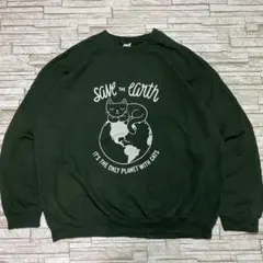GILDAN スウェット グリーン SAVE THE EARTH 猫 地球ロゴ