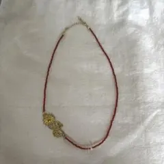 朱色ビーズネックレス　天然石　シンプルスタイル　 ハンドメイド　アンティーク