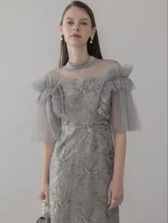 チュールフリルショルダーシアーIラインワンピースドレス結婚式パーティー二次会