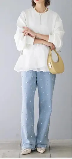 新品半額！Freneペプラムオーガンジーポンチトップスとパール付きデニムセットM