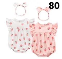 在庫入替SALE残り1点⭐️ヘアバンド付き！いちご柄フリルロンパース80 ホワイト