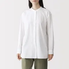 【美品】無印良品 洗いざらしブロードスタンドカラー 長袖ロングシャツ 白