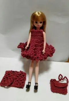 リカちゃん着せ替え　　手編みドレスとポシェット　ボレロ　3点セット