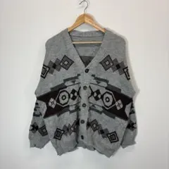 【好配色】ヴィンテージ 総柄ニットカーディガン 幾何学模様 グレー L相当