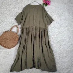 美品*ネストローブ リネン ノーカラー シャツワンピース 赤 ウエスト