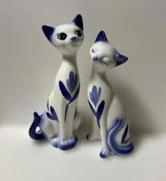 昭和レトロ 寄り添う猫ペア・猫の陶器・置物・インテリア雑貨 可愛い花柄のサムネイル