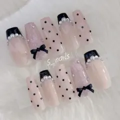 人気No.1♡ リボン×ドット×黒フレンチネイル✧*。韓国 ガーリー 量産型