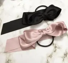 サテンリボンヘアゴム 2個セット ブラック　ピンク