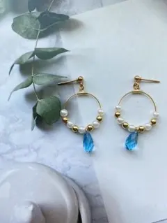 クリスタル・アクアマリンフープピアス