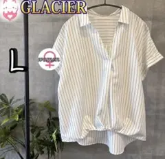 GLACIER ストライプ スキッパーブラウス 半袖 L 白 通勤 オフィス