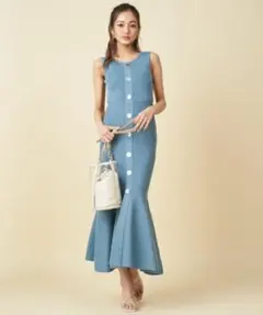 ROYAL PARTY ノースリーブ フレアスカート ニットワンピース ブルー