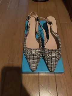 ビジュー付きツイードスリングバックパンプス