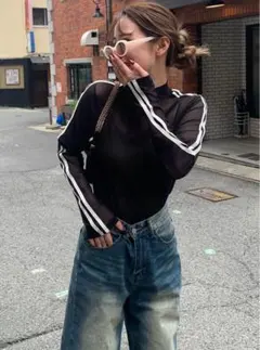 GRL グレイル ブラック 長袖 Tシャツ サイドストライプ F