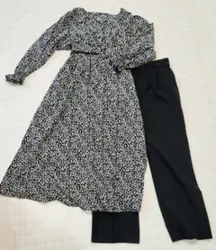 【まとめ売り】花柄ワンピース　黒　ロング&スラックス　Lサイズ　コーデセット