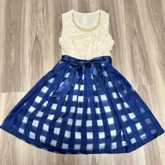 【美品】パーティードレス バイカラー　チェック　発表会　ウエストリボンワンピース