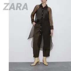ZARA ザラ オーガンジーロングシャツコート シアーシャツワンピース ブラウン