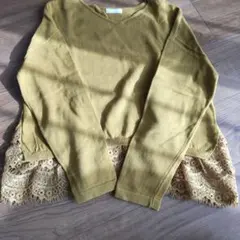 マスタード Vネック 長袖 トップス レース裾