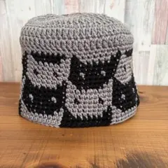 猫模様のかぎ針編みレディースビーニー帽子 アクリル毛糸